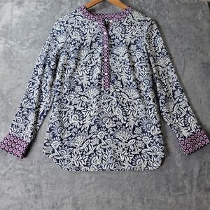 Talbots Womens Top XS Navy‎ White Pink Floral Geometric Print Long Sleeve Vibes